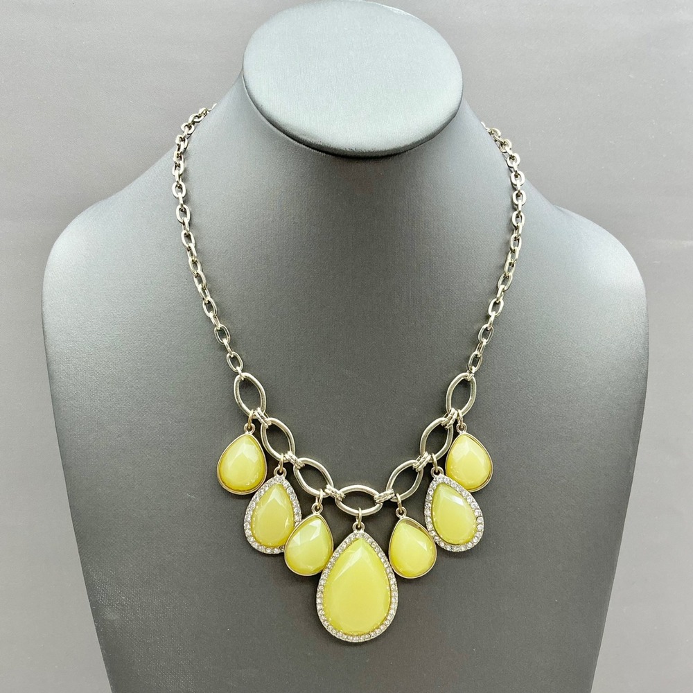 Statement Necklace Women Yellow Teardrop Rhinestone Silver Tone Fashion Jewelry